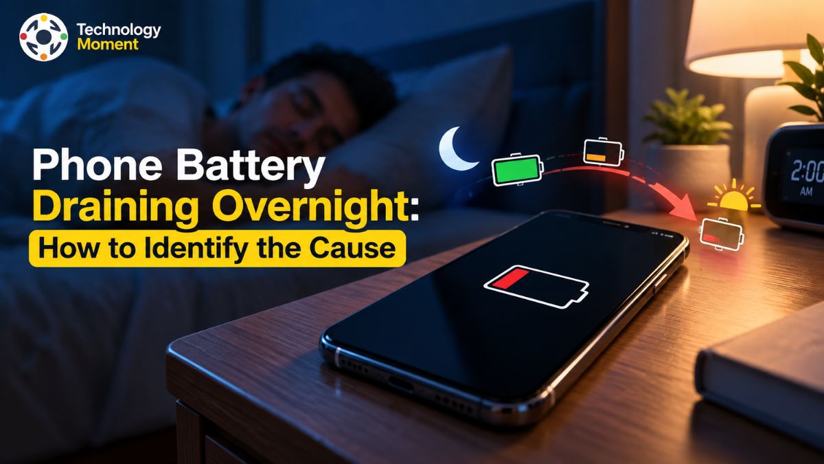 Phone battery draining overnight, shown with a smartphone and a low battery indicator.