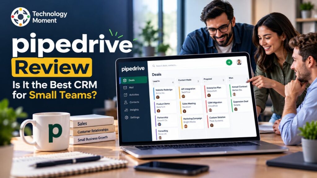 Pipedrive review showing CRM tools for managing sales pipelines, tracking leads, and organizing small team workflows.