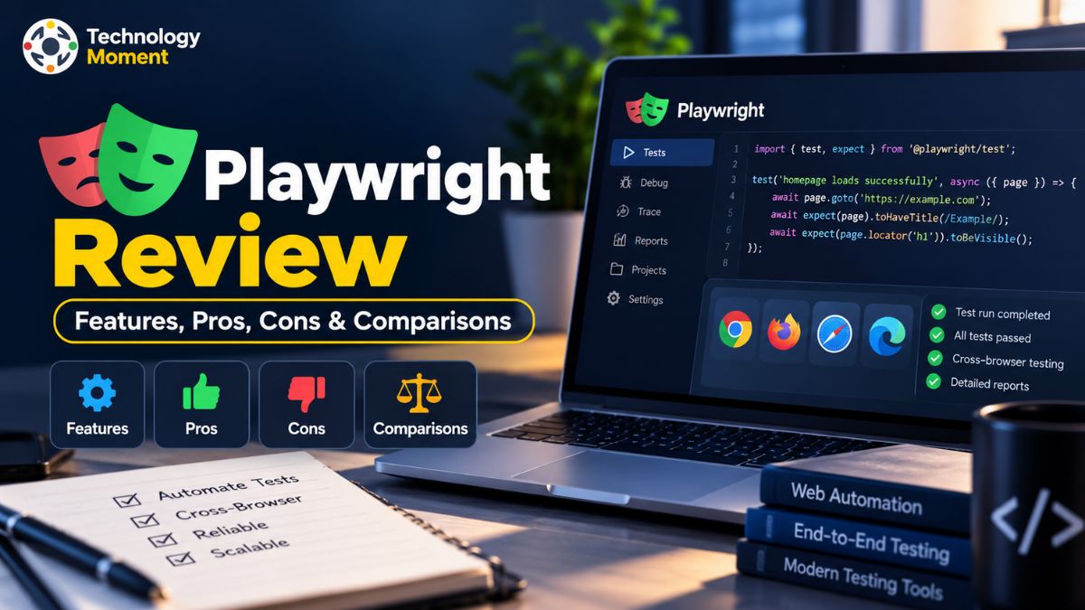 Playwright Review featuring the Playwright logo and a modern design representing browser testing and automation.