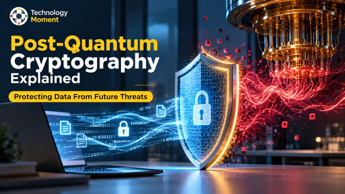 Post-Quantum Cryptography Explained: Digital data protected by a quantum-resistant security shield.
