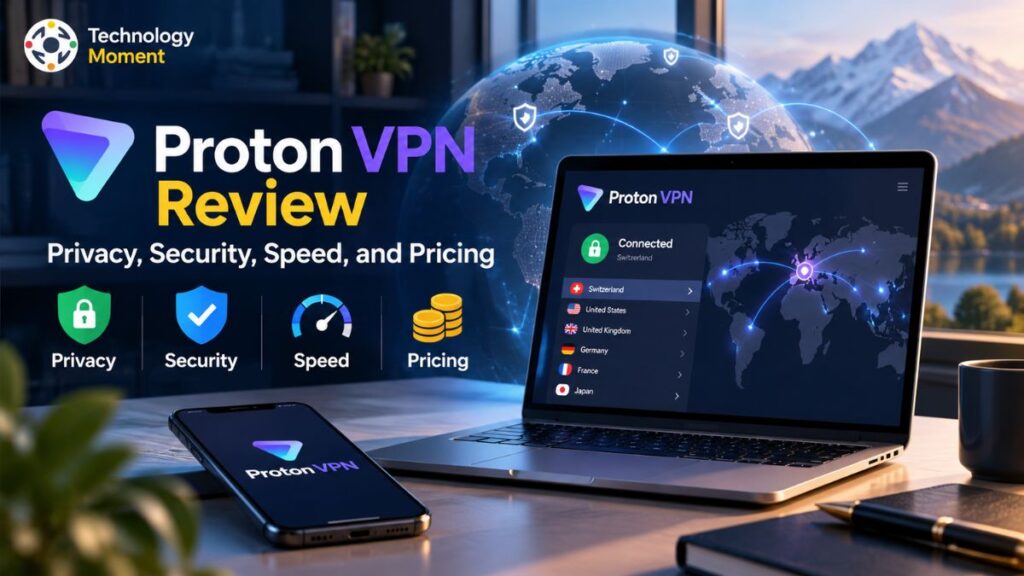 Proton VPN Review featuring a premium VPN privacy and security concept with a secure digital connection.
