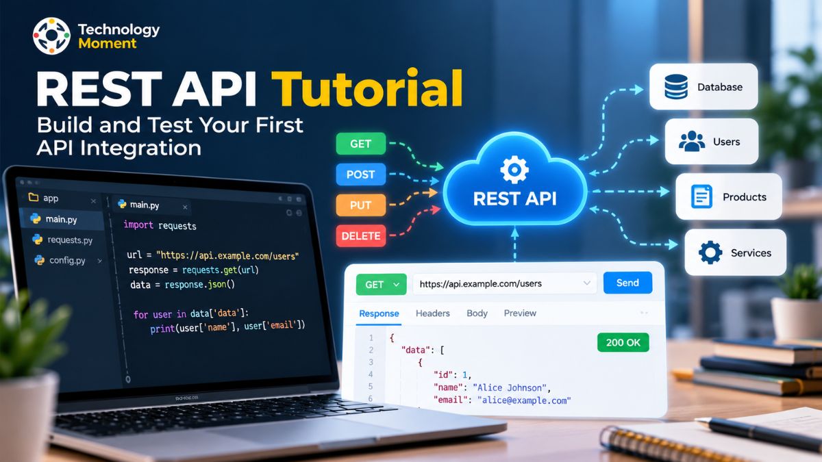 REST API Tutorial showing API integration workflow with connected endpoints and data exchange.
