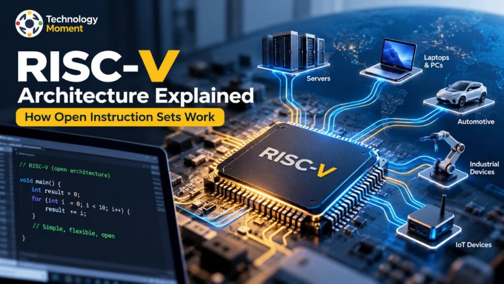 RISC-V Architecture Explained with a central processor symbol and four directional arrows representing an open instruction set architecture.