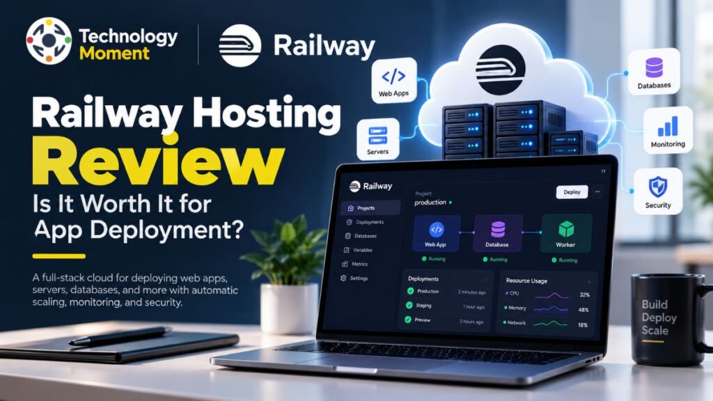 Railway Hosting Review banner featuring Railway cloud hosting dashboard, app deployment, servers, databases, monitoring, and Technology Moment branding.