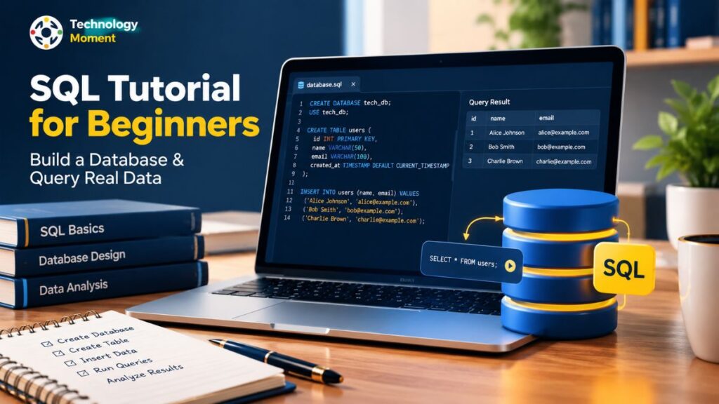 SQL Tutorial for Beginners featuring a database and SQL query interface for learning database management.
