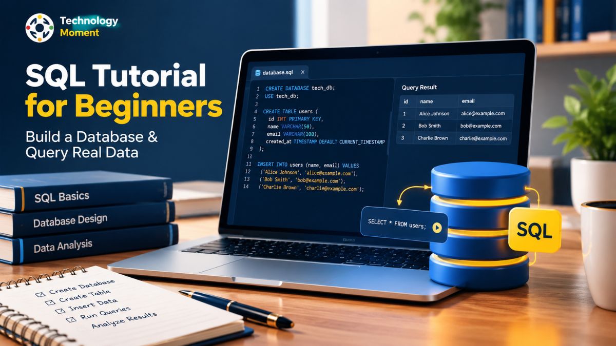 SQL Tutorial for Beginners featuring a database and SQL query interface for learning database management.