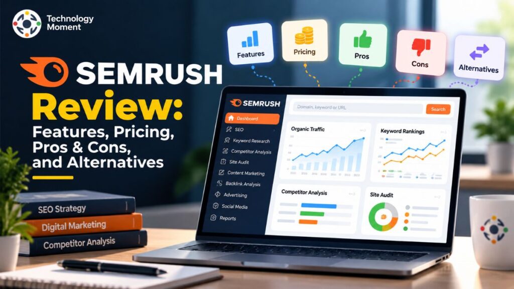 Semrush Review featuring a premium technology graphic representing SEO tools, keyword research, and digital marketing analytics.