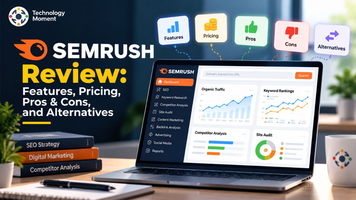Semrush Review featuring a premium technology graphic representing SEO tools, keyword research, and digital marketing analytics.