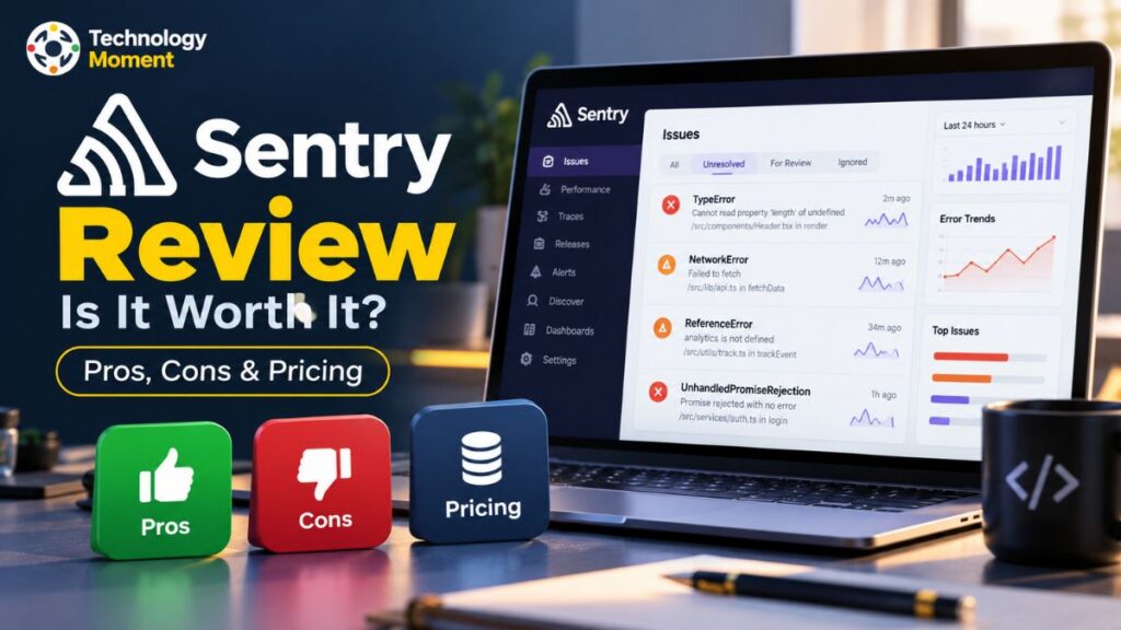 Sentry Review showing the Sentry logo and a visual representation of software error monitoring and application performance tracking.