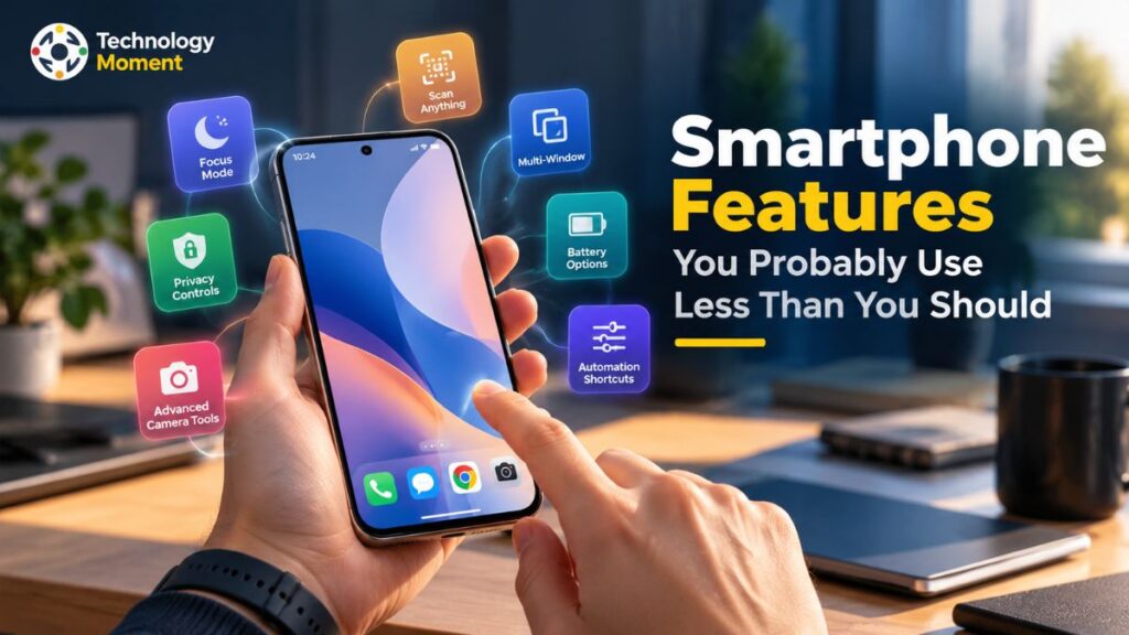 Smartphone Features displayed on a modern smartphone with colorful icons representing useful mobile tools and functions.