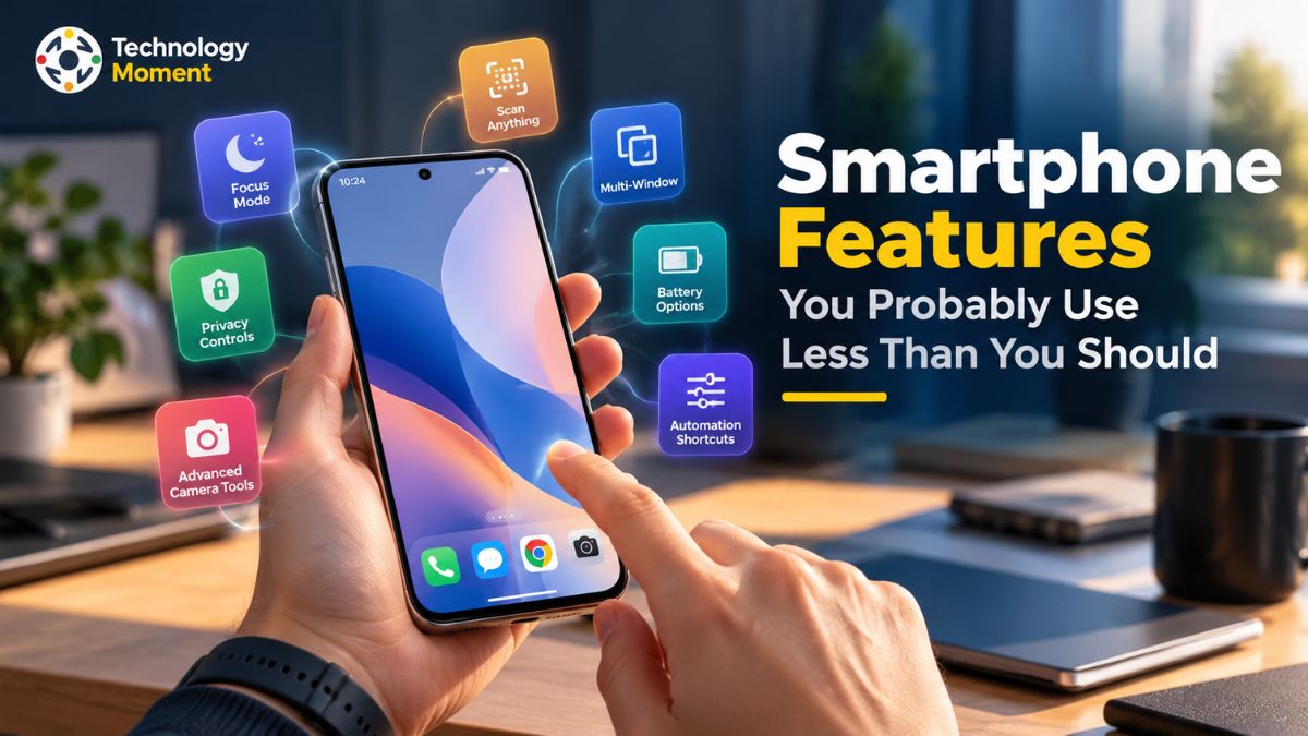 Smartphone Features displayed on a modern smartphone with colorful icons representing useful mobile tools and functions.