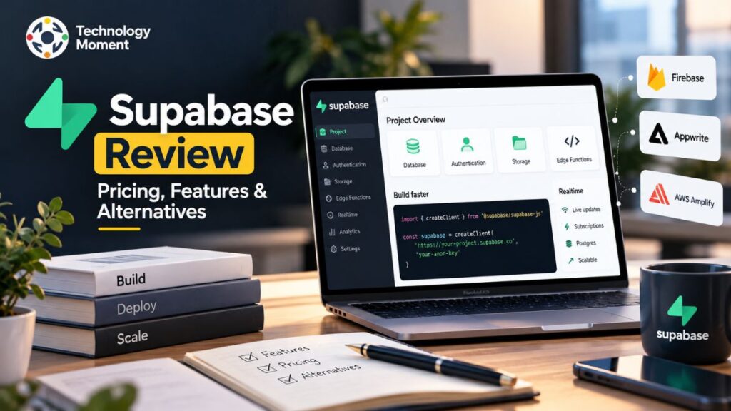 Supabase Review featuring the Supabase logo and a visual representation of its database and backend technology.