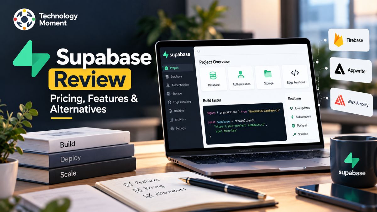 Supabase Review featuring the Supabase logo and a visual representation of its database and backend technology.