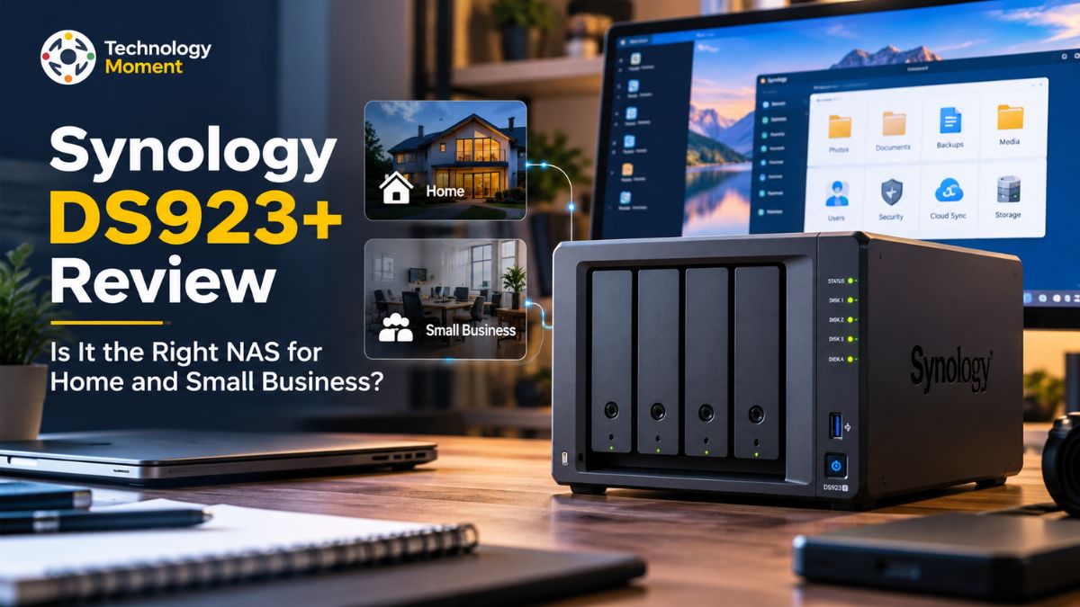 Synology DS923+ NAS device for home and small business storage, featured in a Synology DS923+ Review.