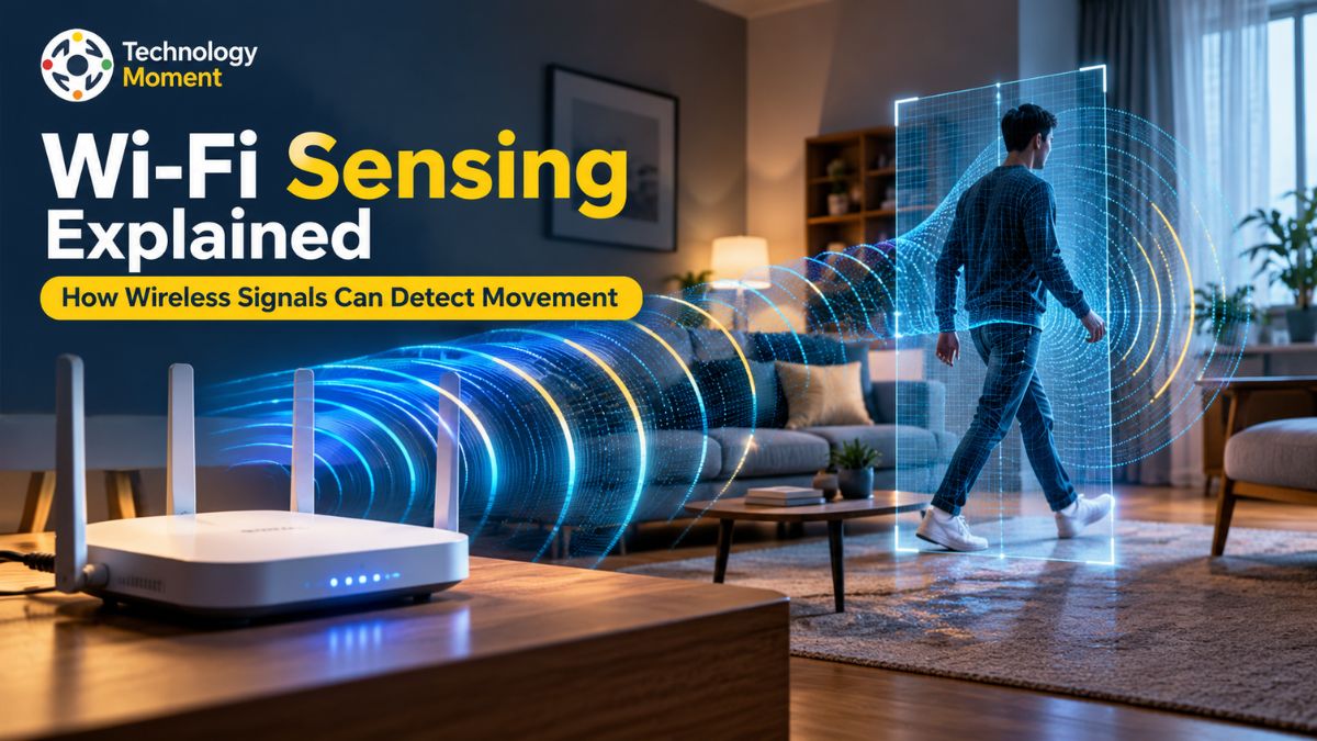 Wi-Fi Sensing Explained: Wireless signals detecting movement in an indoor environment.