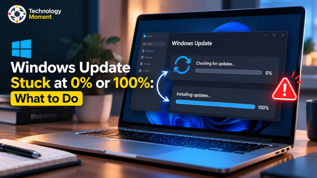 Windows Update Stuck at 0% or 100% showing a stalled Windows update progress screen
