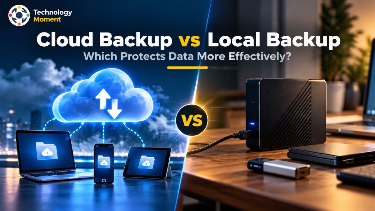 Cloud backup vs local backup comparison showing cloud storage and an external hard drive for data protection.