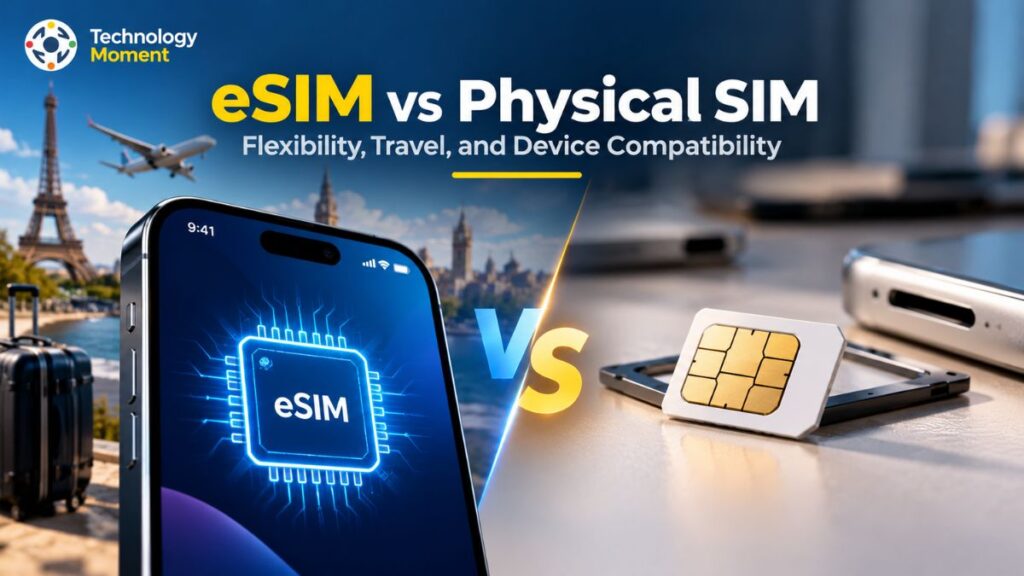 eSIM vs Physical SIM comparison showing digital and physical SIM technology for travel and device compatibility.